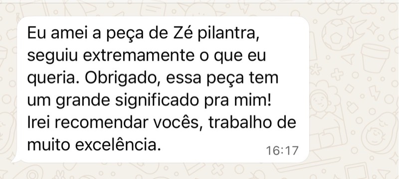 Print de conversa no WhatsApp: cliente elogiando o topo de bolo do Ze Pilintra em biscuit