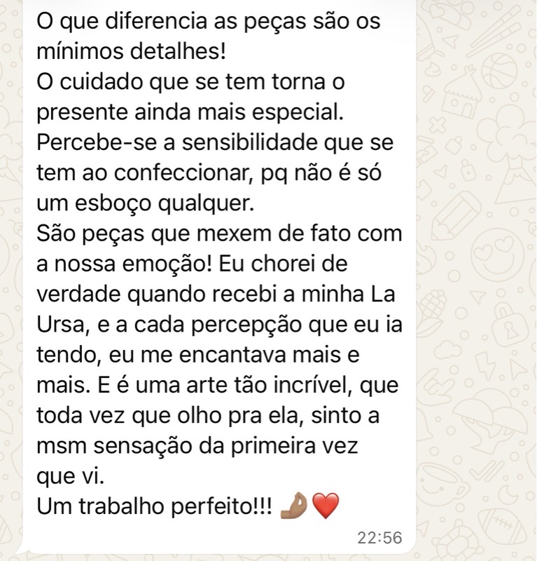 Print de conversa no WhatsApp: cliente emocionada com a peca La Ursa recebida